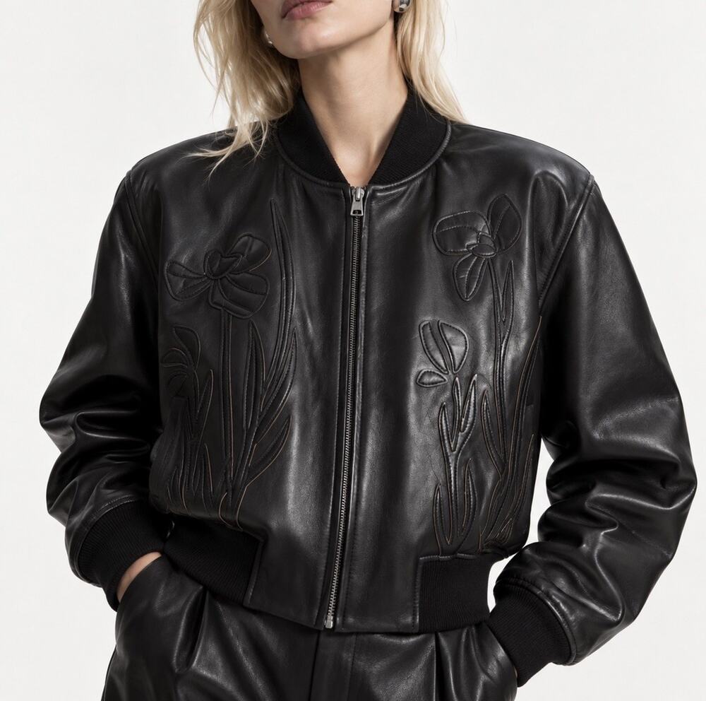 COS Oversized Appliqué Lamb Leather Bomber Jacket Black Large L $590